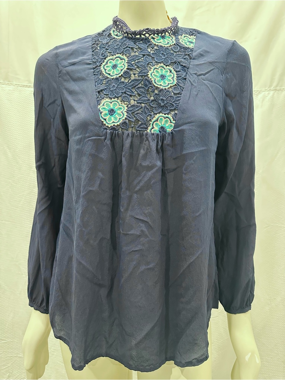 Rococo Sand Silk Navy Long-Sleeve Blouse with Turquoise Floral Lace Yoke